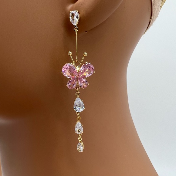 Pink and Clear Zircon Butterfly Zircon Earrings - Picture 4 of 4